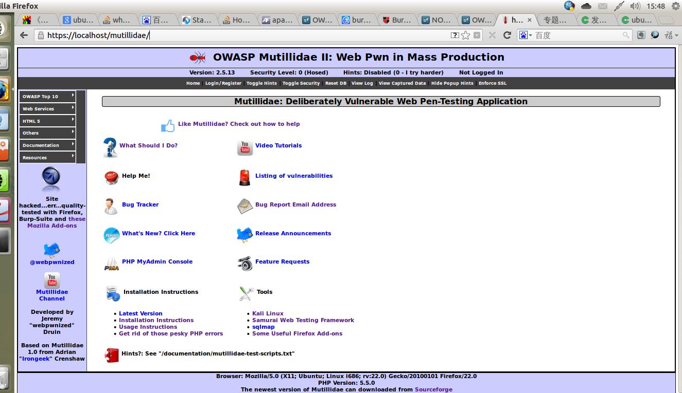 ubuntuOWASP Mutillidae II php WARING