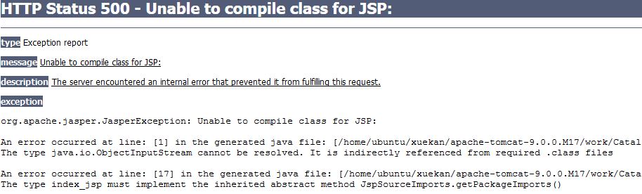 webubuntuHTTP 500-Unable to compile class for JSP